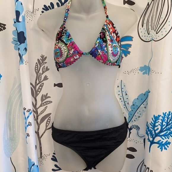 Kenneth Cole Reaction Colorful Halter String Bikini w/Black Bottoms Size M - Picture 1 of 14